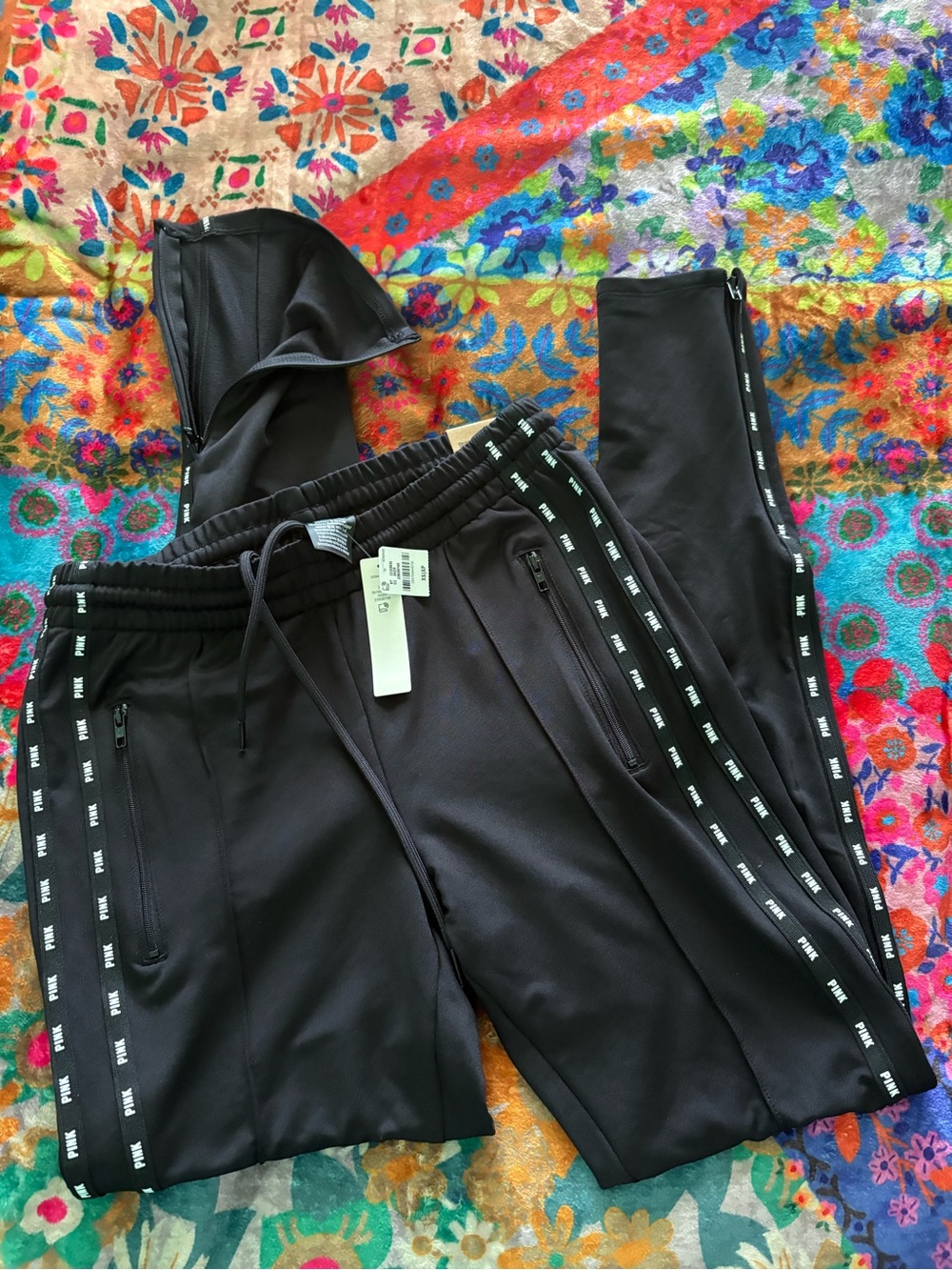 PINK Black Zip Joggers with Logo Side Tape